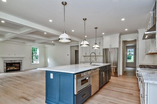 Fireplace, Interior, Kitchen, Pendant Lights, Recessed Lighting, Stainless Steel Appliances, Wood Texture Flooring