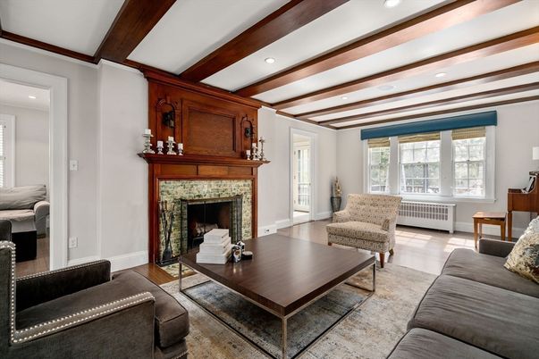 Fireplace, Interior, Living room, Recessed Lighting, Wooden Beams, Wood Texture Flooring