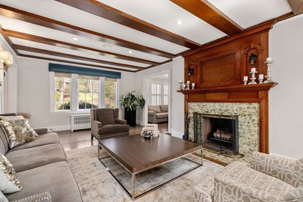 Fireplace, Interior, Living room, Recessed Lighting, Wooden Beams