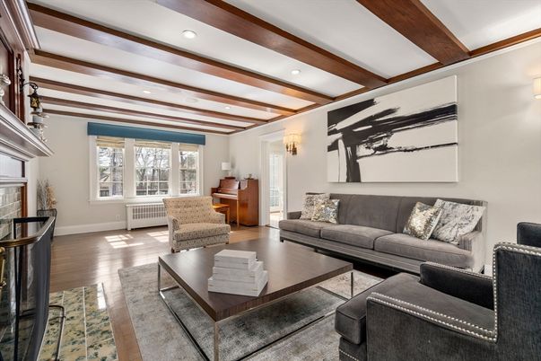 Fireplace, Interior, Living room, Recessed Lighting, Wooden Beams, Wood Texture Flooring