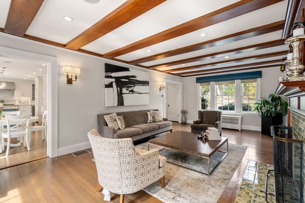 Dining room, Interior, Living room, Pendant Lights, Recessed Lighting, Wooden Beams, Wood Texture Flooring