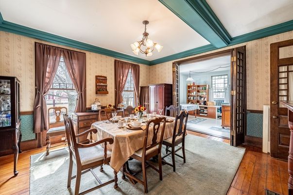 Chandelier, Dining room, Interior, Wood Texture Flooring