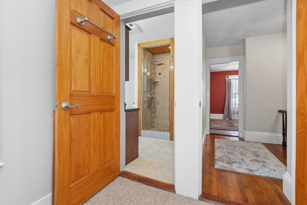 Bathroom, Glass Shower, Interior, Wood Texture Flooring