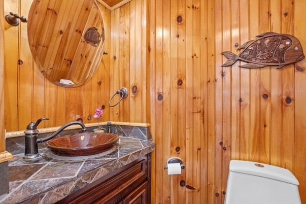 Bathroom, Interior, Tile Countertops, Wooden Walls