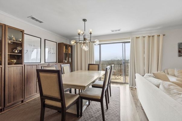 Dining room, Interior, Living room, Pendant Lights, Wood Texture Flooring