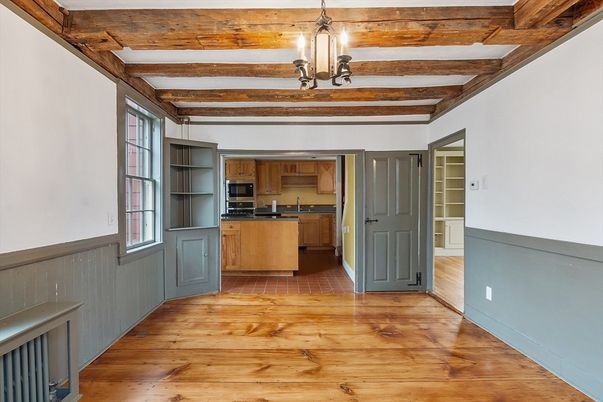 Chandelier, Interior, Kitchen, Pendant Lights, Wooden Beams, Wood Texture Flooring