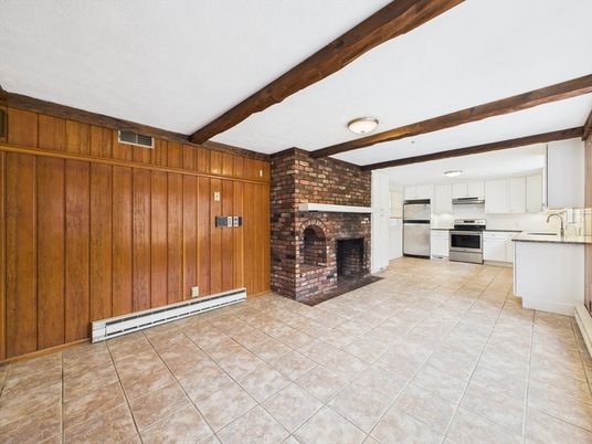 Fireplace, Interior, Kitchen, Stainless Steel Appliances, Stone Walls, Wooden Beams, Wooden Walls