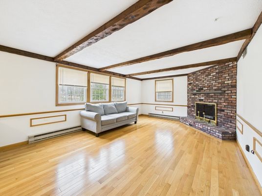 Empty room, Fireplace, Interior, Stone Walls, Wooden Beams, Wood Texture Flooring