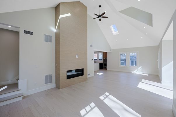 Empty room, Fireplace, Interior, Recessed Lighting, Wood Texture Flooring