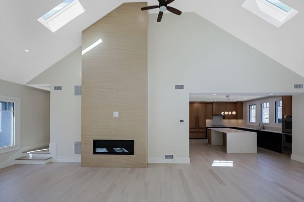Fireplace, Interior, Kitchen, Pendant Lights, Recessed Lighting, Wood Texture Flooring
