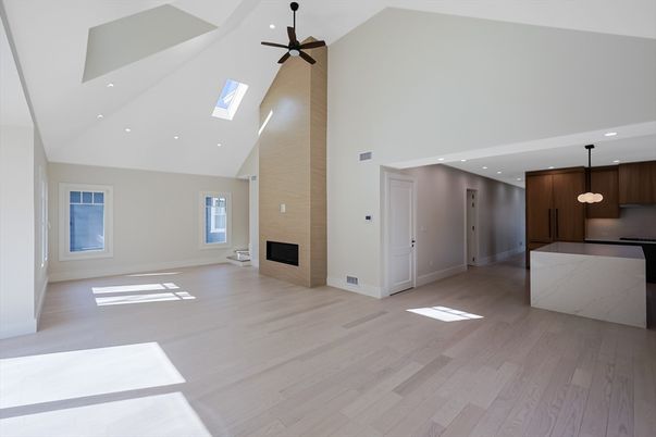Empty room, Fireplace, Interior, Kitchen, Pendant Lights, Recessed Lighting, Wood Texture Flooring