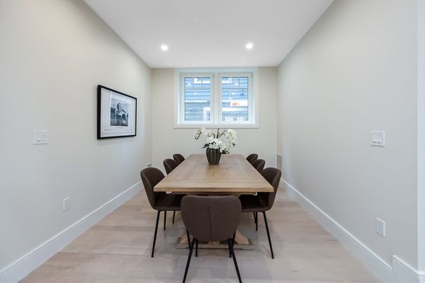 Dining room, Interior, Recessed Lighting, Wood Texture Flooring