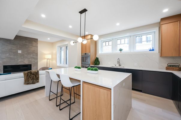 Interior, Kitchen, Marble Walls, Pendant Lights, Recessed Lighting, Stainless Steel Appliances, Wood Texture Flooring