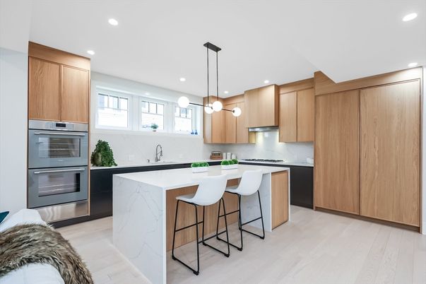 Interior, Kitchen, Pendant Lights, Recessed Lighting, Stainless Steel Appliances, Wood Texture Flooring