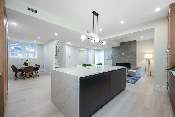 Dining room, Fireplace, Interior, Kitchen, Living room, Pendant Lights, Recessed Lighting, Wood Texture Flooring