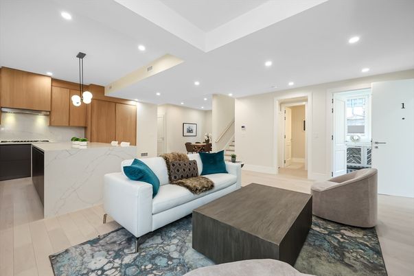 Interior, Kitchen, Living room, Marble Walls, Pendant Lights, Recessed Lighting, Wood Texture Flooring