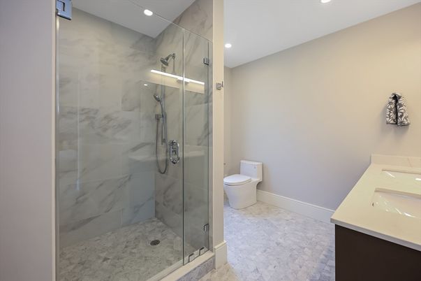 Bathroom, Glass Shower, Interior, Marble Walls, Recessed Lighting