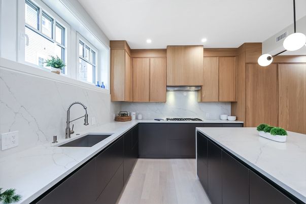 Interior, Kitchen, Marble Walls, Pendant Lights, Recessed Lighting, Wood Texture Flooring