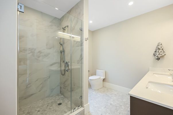 Bathroom, Glass Shower, Interior, Marble Walls, Recessed Lighting