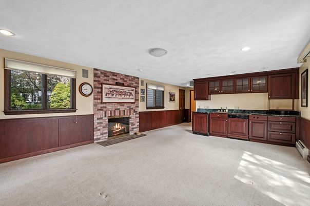 Empty room, Fireplace, Interior, Kitchen, Recessed Lighting, Stone Walls