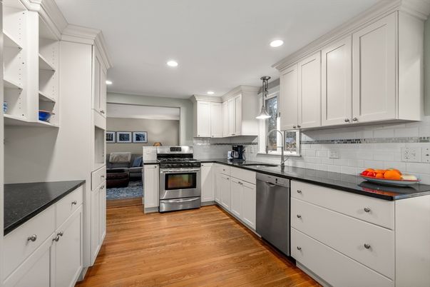 Interior, Kitchen, Pendant Lights, Recessed Lighting, Stainless Steel Appliances, Wood Texture Flooring