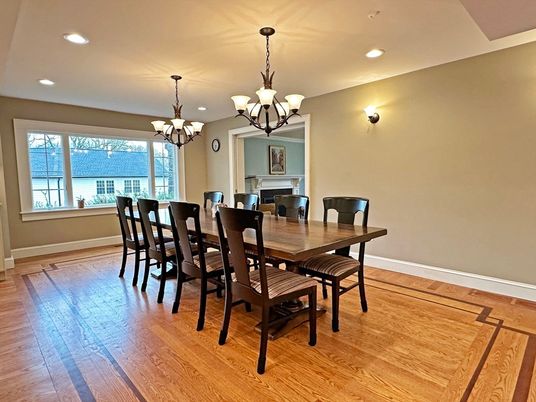 Chandelier, Dining room, Interior, Recessed Lighting, Wood Texture Flooring