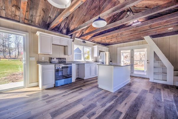 Interior, Kitchen, Pendant Lights, Stainless Steel Appliances, Wooden Beams, Wooden Ceilings, Wood Texture Flooring
