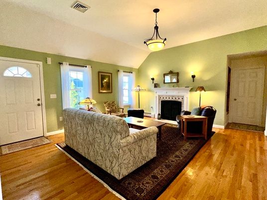 Fireplace, Interior, Living room, Pendant Lights, Wood Texture Flooring