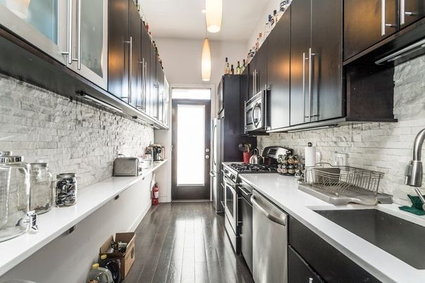 Interior, Kitchen, Pendant Lights, Stainless Steel Appliances, Wood Texture Flooring