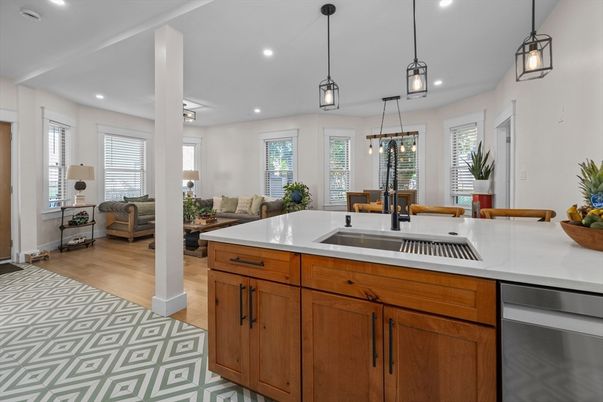 Dining room, Interior, Kitchen, Living room, Pendant Lights, Recessed Lighting, Wood Texture Flooring