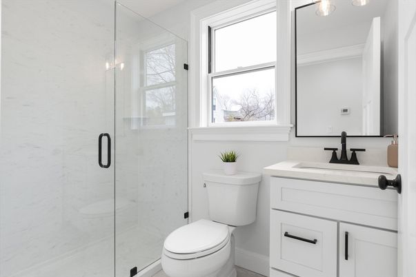 Bathroom, Glass Shower, Interior, Marble Walls, Tile Countertops