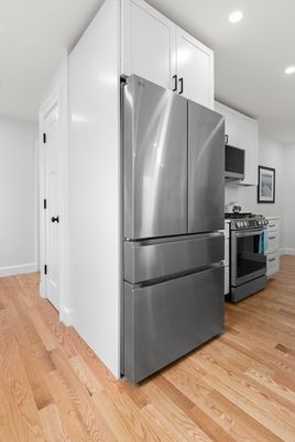 Interior, Kitchen, Recessed Lighting, Stainless Steel Appliances, Wood Texture Flooring