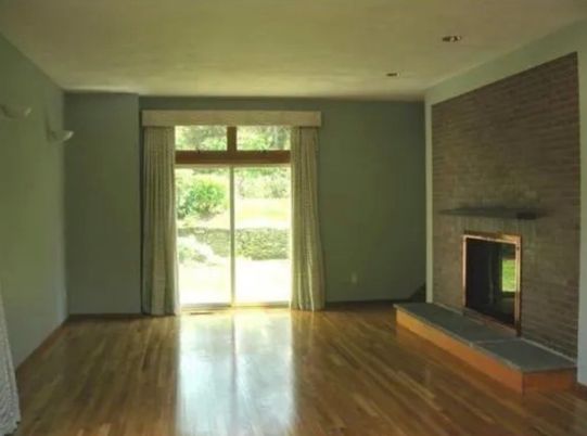 Empty room, Fireplace, Interior, Stone Walls, Wood Texture Flooring