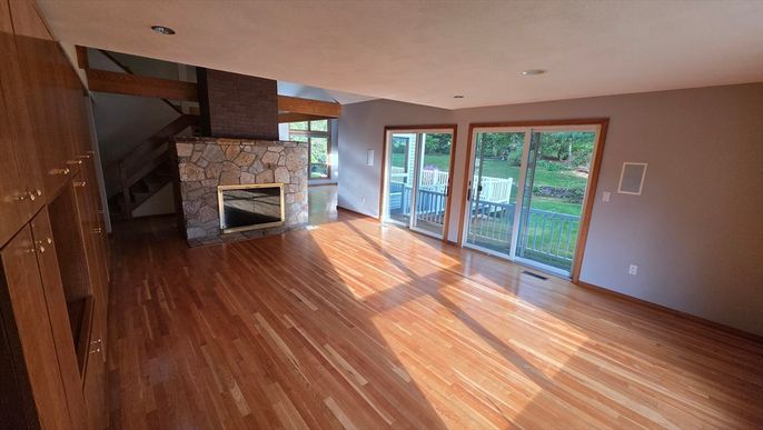 Empty room, Fireplace, Interior, Recessed Lighting, Wood Texture Flooring