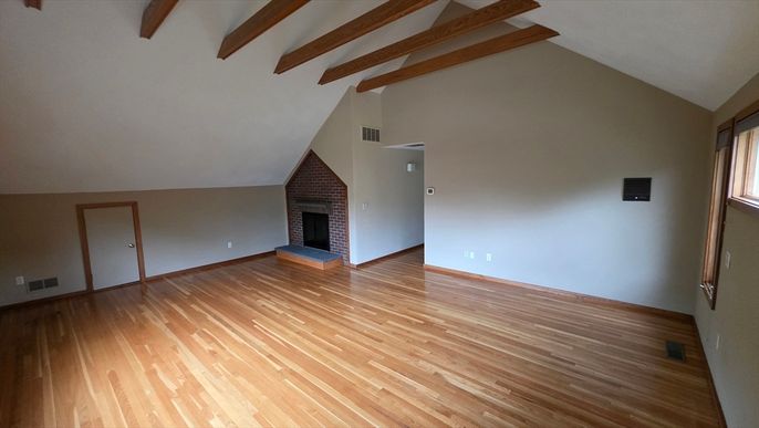 Empty room, Fireplace, Interior, Wooden Beams, Wood Texture Flooring