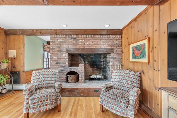 Fireplace, Interior, Recessed Lighting, Stone Walls, Wood Texture Flooring, Wooden Walls