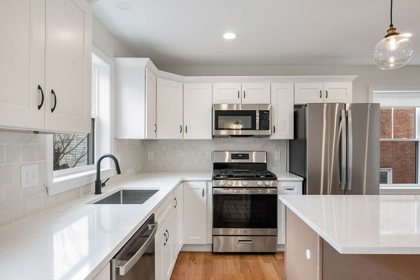 Interior, Kitchen, Pendant Lights, Recessed Lighting, Stainless Steel Appliances, Wood Texture Flooring