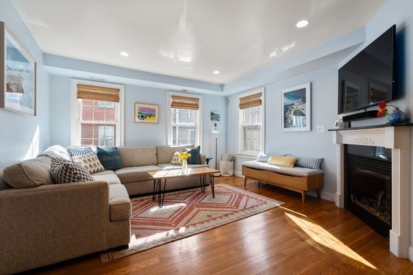 Fireplace, Interior, Living room, Recessed Lighting, Wood Texture Flooring