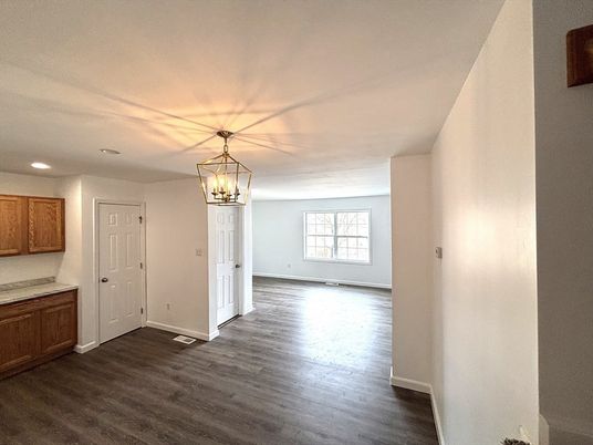 Chandelier, Empty room, Interior, Recessed Lighting, Wood Texture Flooring
