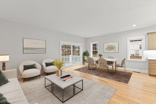 Dining room, Interior, Living room, Recessed Lighting, Wood Texture Flooring