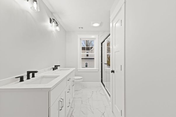 Bathroom, Dual Sink Vanities, Interior, Marble, Recessed Lighting