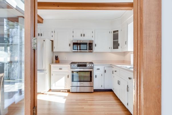 Interior, Kitchen, Stainless Steel Appliances, Wooden Beams, Wood Texture Flooring