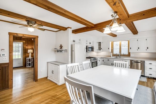 Interior, Kitchen, Stainless Steel Appliances, Wooden Beams, Wood Texture Flooring