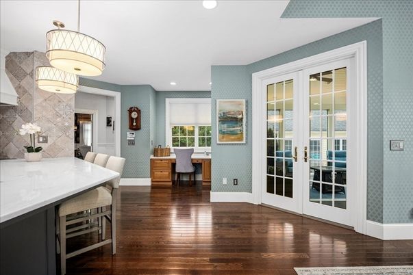 Dining room, Interior, Pendant Lights, Recessed Lighting, Wood Texture Flooring