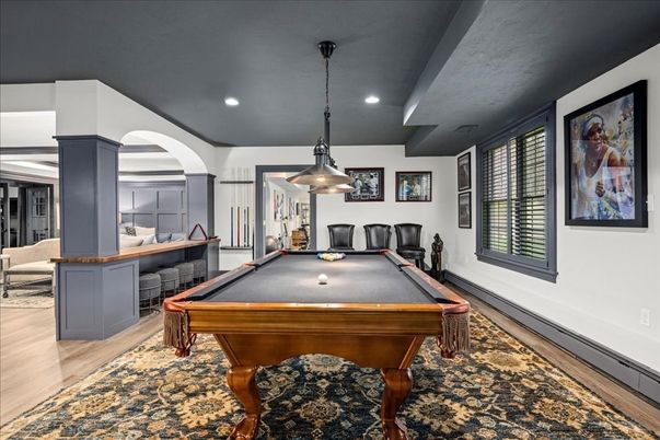 Billiard Table, Game Room, Interior, Pendant Lights, Recessed Lighting, Wood Texture Flooring