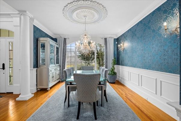 Chandelier, Dining room, Interior, Wood Texture Flooring