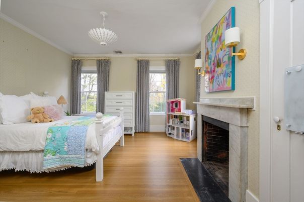 Bedroom, Fireplace, Interior, Pendant Lights, Wood Texture Flooring