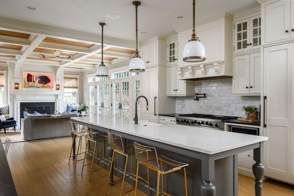 Fireplace, Interior, Kitchen, Living room, Pendant Lights, Recessed Lighting, Stainless Steel Appliances, Wood Texture Flooring