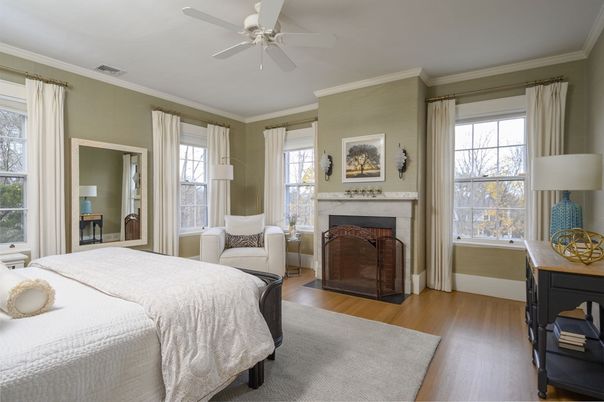 Bedroom, Fireplace, Interior, Wood Texture Flooring