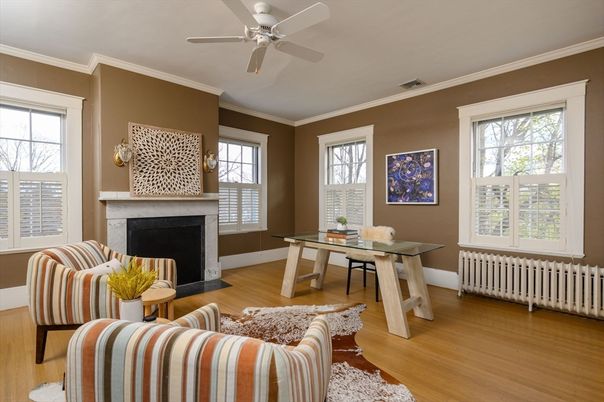 Fireplace, Home Office, Interior, Wood Texture Flooring